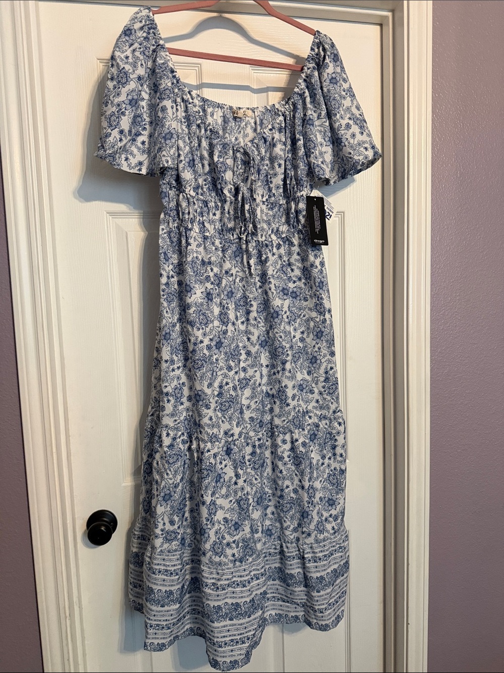 Blush White and Blue Floral Puff-Sleeve Maxi Dress